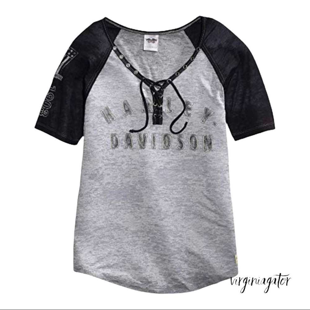 Harley Davidson Authentic Laced Front Gray Black Raglan Eagle Logo Graphic Tee